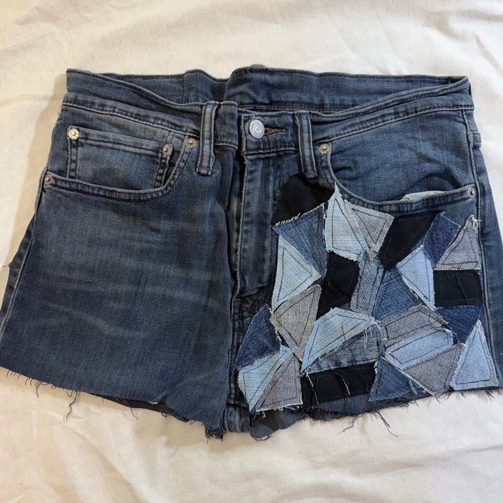 Vintage upcycled Levi's Dark Blue Denim Shorts with Patchwork Detail size 31